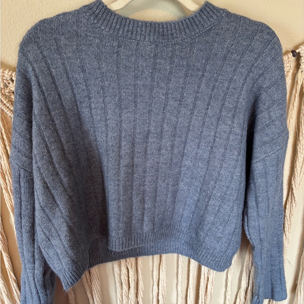 Blue Crew Neck Ribbed Sweater